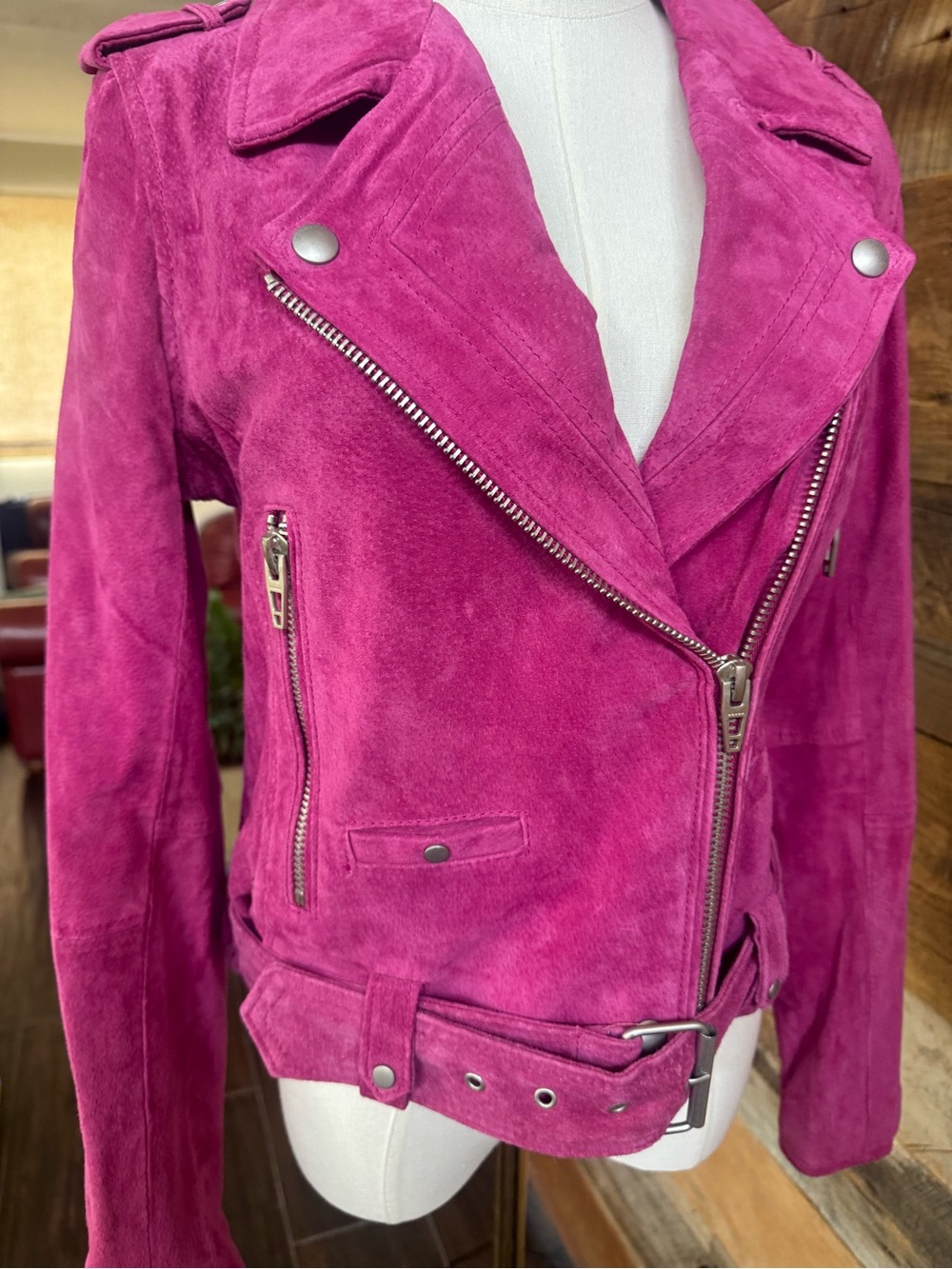 BLANKNYC Hot Pink Suede Moto Biker Jacket Asymmetrical Zip Belted M